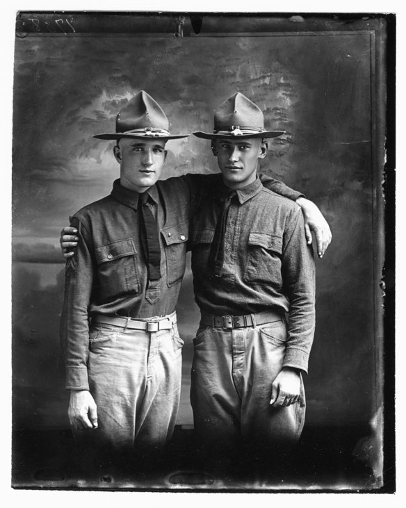 Photograph of two unidentified World War I soldiers. Courtesy of Mrs. J.H. Alexander and Mrs. E.R. Dean. World War Roll of Honor, 1917-1920, Marion County Kansas.